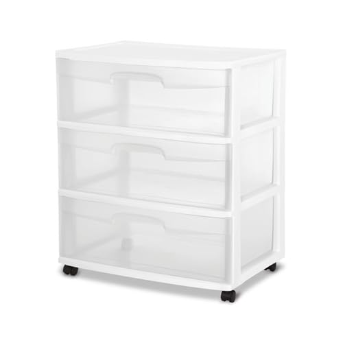 Sterilite Wide 3 Drawer Storage Cart, Plastic Rolling Cart with Wheels to Organize Clothes in Bedroom, Closet, White with Clear Drawers, 1-Pack