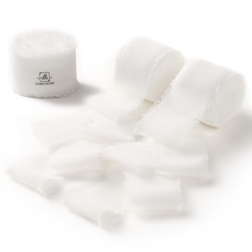 DORIS HOME Handmade Frayed Fringe Chiffon Ribbon 1" x 21Yd White | Fabric Ribbon, For Flower Bouquet/Gift Wrapping/Wedding Invitations/Christmas Decorations/Party Decor - color: White