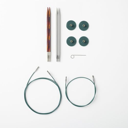 Knit Picks Wood and Metal Interchangeable Knitting Needles Set - US 6 and 7 | 1 pair of stainless steel knitting needles in size 7 and 1 pair of wood knitting needles in size 6, 4.75" long, with cables - color: Radiant & Reflections