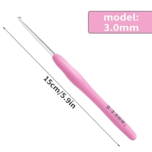 3mm Crochet Hook, Ergonomic Crochet Hook, Smooth and Extra Long Knitting Needles, with Soft Rubber Ergonomic Handle and Aluminum Tip, Perfect Beginner and Arthritic Crochet Hooks (3 mm) - size: 3mm