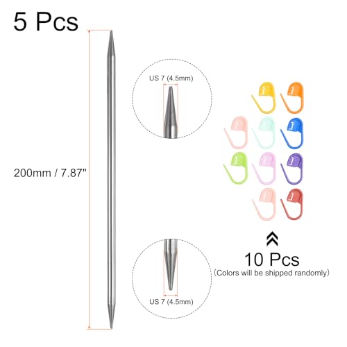 uxcell 5Pcs US 7(4.5mm) Double Pointed Knitting Needle 7.87 Inches Length Stainless Steel Sweater Stitching Needles with 10 Stitch Marker for Handmade Projects DIY Knitting - size: 4.5mm