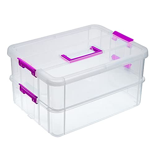 BTSKY 2 Layer Stack & Carry Box, Plastic Storage Container Box with Lid | Multipurpose Craft Organizers and Storage for Organizing Stationery, Sewing, Art Craft, Jewelry & Beauty Supplies, Purple - color: Purple