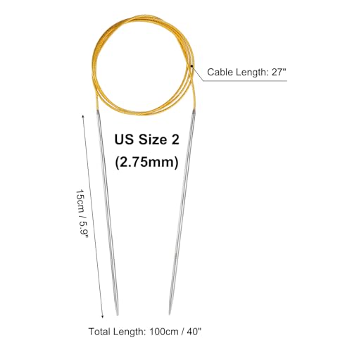 uxcell US 2(2.75mm) Knitting Circular Needle 40 Inch(100cm) Metal Round Stainless Steel Needle with Large Eye Sewing & Stitch Markers for Handmade Projects DIY Knit Blankets - size: US2(2.75mm)