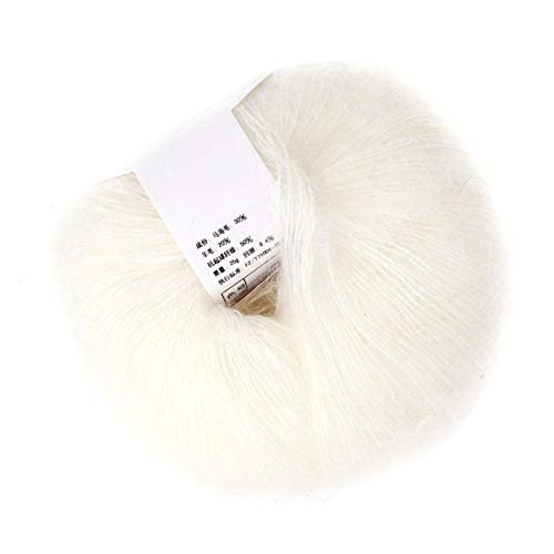 Soft Thin Wool Yarn, Angora Mohair Yarn for Knitting and Crocheting, Long Fiber Craft Thread for DIY Scarf Projects (White)