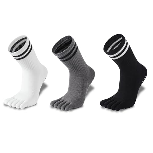 3Pairs Grippy Yoga Socks for Women – Full Toe Cotton Crew Pilates Socks with Non Slip Sticky Grip Bottom,Gifts for Yoga,Barre,Pilates,Dance,Exercises and indoor walking.(Black/Grey/White)