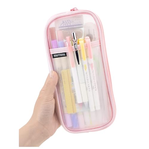 EASTHILL Grid Mesh Pen Pencil Case with Zipper Clear Makeup Color Pouch Cosmetics Bag Multi-Purpose Travel School Teen Girls and Boys Transparent Stationary Bag Office Organizer Box for Adluts(Pink) - color: Pink