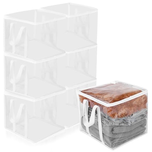 6 Pcs Clear Zippered Organizers 12''x12''x12'' Moving Bags with Reinforced Handles Heavy Duty Storage Cube Tote Storage Blanket Bags Bins for Clothes Moving Supplies Linens Shoes Closet Organizer
