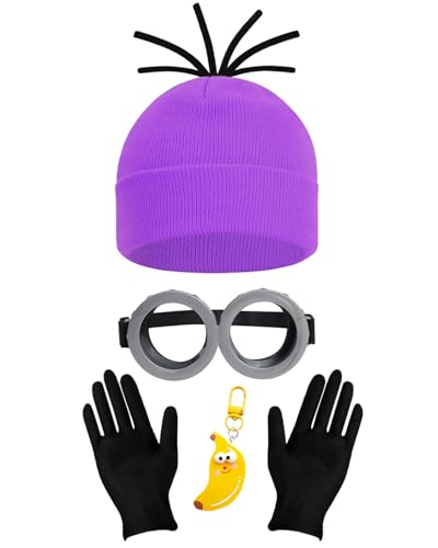 Cartoon Character Costume Accessory Kit Adult Men Women Halloween Costumes | Funny Easy Halloween Costumes Accessories Beanie Hat Goggles Gloves Banana Keychain for Birthday Themed Party Dress Up Set - color: Purple - 4pcs