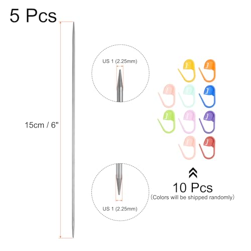 Generic 5Pcs Knitting Needle Size US 1 (2.25mm) 6 Inches (15cm) Length Stainless Steel Double Pointed Sweater Stitching Needles with 10 Colorful Stitch Markers for Handmade Projects DIY