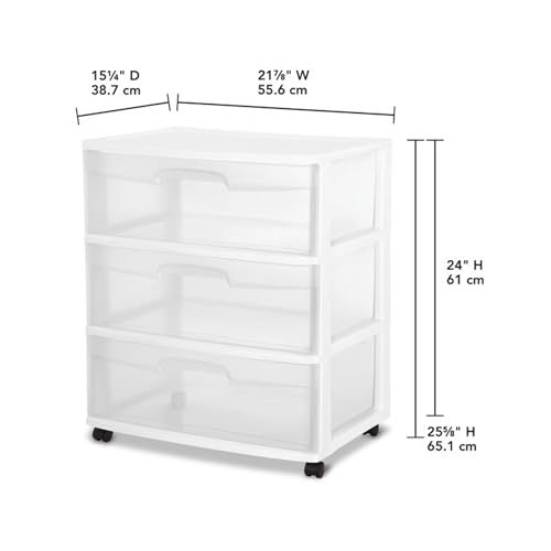 Sterilite Wide 3 Drawer Storage Cart, Plastic Rolling Cart with Wheels to Organize Clothes in Bedroom, Closet, White with Clear Drawers, 1-Pack
