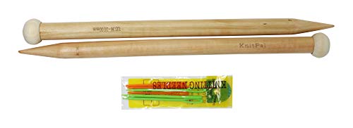 KnitPal 16-inch (40cm) Wooden Knitting Needles - 1 Pair US Size 36 (20mm) | Real Oak Wood Large Knitting Needles for Chunky Yarn - Straight Knitting Needles Single Pointed with eBook - size: US 36 (20mm), 16" (40cm)