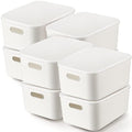 8 Pieces White Plastic Storage Bins with Lids, Stackable Storage baskets with Handle Containers Box for Shelves Drawers Desktop Playroom Classroom Office Organization(14 x 10.5 x 6.5 Inches) - size: 14 x 10.5 x 6.5 Inches