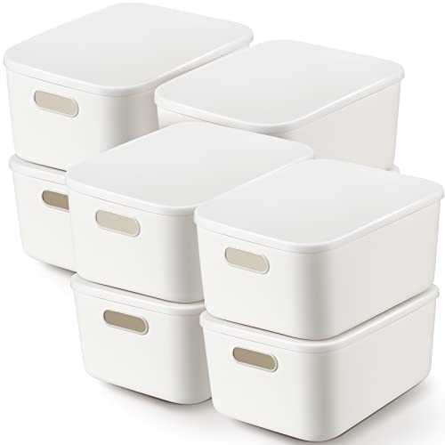 8 Pieces White Plastic Storage Bins with Lids, Stackable Storage baskets with Handle Containers Box for Shelves Drawers Desktop Playroom Classroom Office Organization(14 x 10.5 x 6.5 Inches) - size: 14 x 10.5 x 6.5 Inches