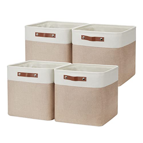 DULLEMELO Cube Storage Bins - 4 Pack Foldable Large Storage Baskets 12 inch Gifts Empty Fabric Bins for Home Office Cubes Organizer Closet, Shelves, Toy, Nursery (4 Pack - 12" White&Khaki) - color: White&Khaki, size: M-12"x 12"x12"