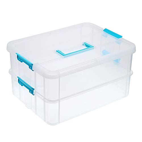 BTSKY 2 Layer Stack & Carry Box, Plastic Multipurpose Portable Storage Container Box Handled Organizer Storage Box for Organizing Stationery, Sewing, Art Craft, Jewelry and Beauty Supplies Blue | Multipurpose Craft Organizers and Storage for Organizing St