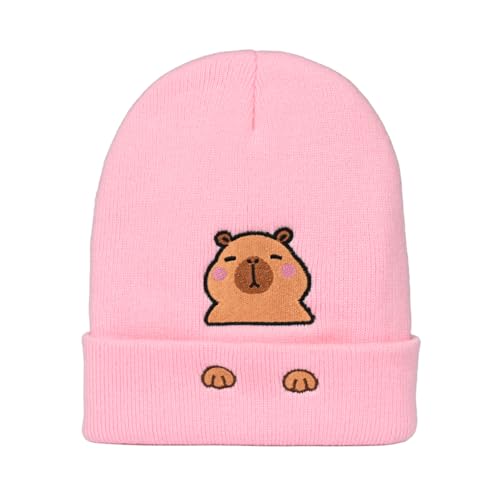 Personality Animal Head Embroidery Knit Beanie Hat for Adult and Big Kids Winter Warm Skull Cuffed Hats - color: Capybara 2-pink