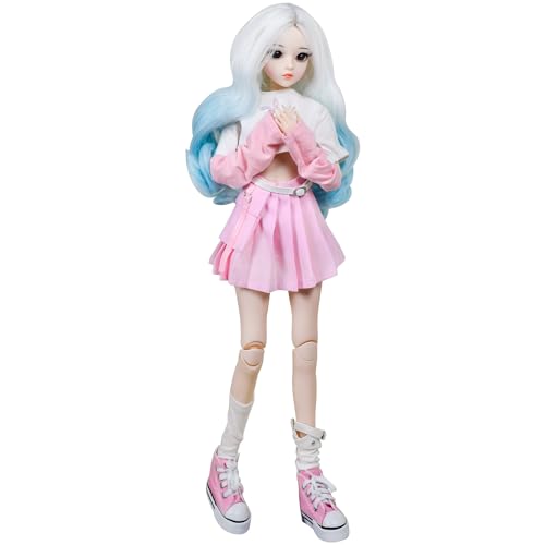 1/3 BJD Doll, 22 Movable Joints Full Set Doll with Long Curly White-Blue Gradient Hair, Pink Outfit & Shoes, Collectible Fashion Ball Jointed Doll for Girls Gift