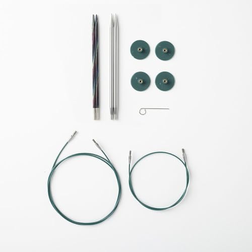Knit Picks Wood and Metal Interchangeable Knitting Needles Set - US 6 and 7 | 1 pair of stainless steel knitting needles in size 7 and 1 pair of wood knitting needles in size 6, 4.75" long, with cables - color: Foursquare Majestic & Reflections