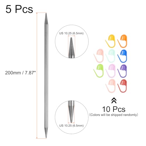 uxcell 5Pcs US 10.25(6.5mm) Double Pointed Knitting Needle 7.87 Inches Length Stainless Steel Sweater Stitching Needles with 10 Stitch Marker for Handmade Projects DIY Knitting - size: 6.5mm