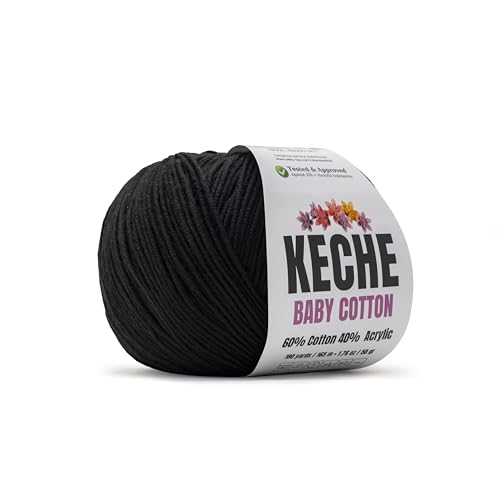 Keche Baby Cotton, 60% Cotton 40% Acrylic Yarn, Soft Cotton Yarn for Crochet and Knitting, Amigurumi Yarn 1 Skein/Ball 1.76 Oz (50g) / 180 Yrds (165m) - Black - color: BLACK, size: 1 SKEIN