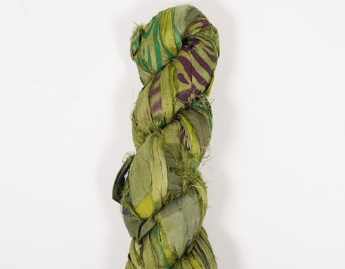 Artisan Recycled Sari Silk Ribbon Yarn - 300g (3 x 100g Skeins) | Handmade Upcycled Silk Strips for Crochet, Macramé, Weaving, Rug Hooking & Mixed Media Crafts | Green - color: Green