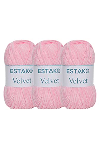 Estako Velvet Yarn for Crocheting, Chenille, 3 Pack, Baby Pink | super bulky, ultra soft, plush, cozy, thick, fluffy, polyester, 300 g, 396 yds, amigurumi - color: 1310 - Baby Pink, size: Pack of Three