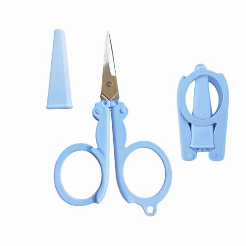 Pastel Mini Folding Scissors with Safety Cap Small Portable Travel Scissors Little Badge Scissors Yarn Shears Kids Tiny Cutter for Cutting, Scrapbooking, Crafting, Sewing, Blue(1 Pack) - color: Blue