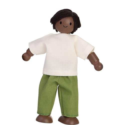 PlanToys® Father Dollhouse Wooden Figurine Poseable 1:12 Scale 5-Inch Doll | dad character, doll house people accessories, bendable arms, kids pretend play, girls storytelling gift ages 3+ for boys - color: African American Dad