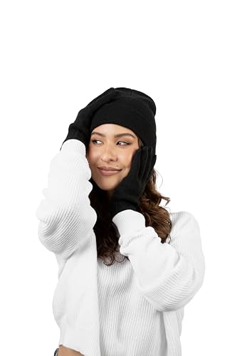 12 Pack Winter Beanies & Gloves Set, Stretchy Knit Unisex Men Women Toboggan Skull Cap - color: Black, Navy, & Gray