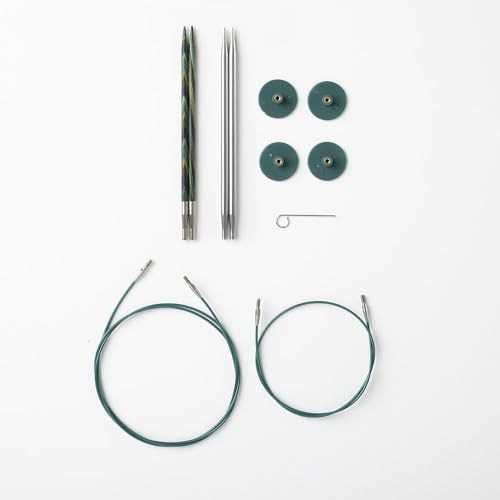 Knit Picks Wood and Metal Interchangeable Knitting Needles Set - US 6 and 7 | 1 pair of stainless steel knitting needles in size 7 and 1 pair of wood knitting needles in size 6, 4.75" long, with cables - color: Caspian & Reflections