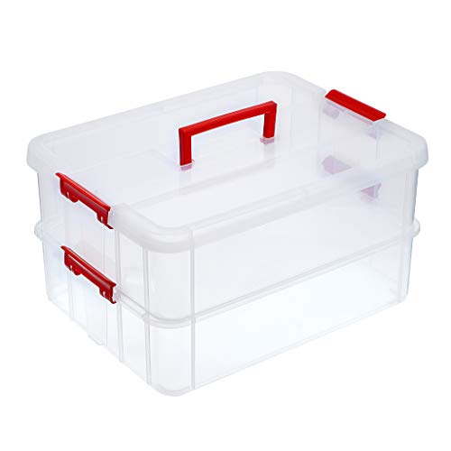 BTSKY 2 Layer Stack & Carry Box, Plastic Multipurpose Portable Storage Container Box Handled Organizer Storage Box for Organizing Stationery, Sewing, Art Craft, Jewelry and Beauty Supplies(Red) | Multipurpose Craft Organizers and Storage for Organizing St
