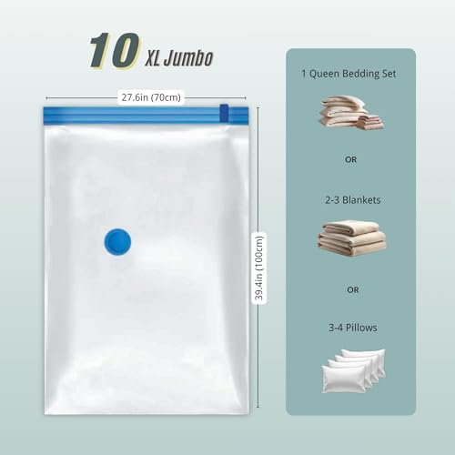 10 XL Jumbo Vacuum Storage Bags with Pump | Extra Large Compression Space Saver, For Comforter, Duvet, Blanket, Bedding, Vacuum Seal for Clothing