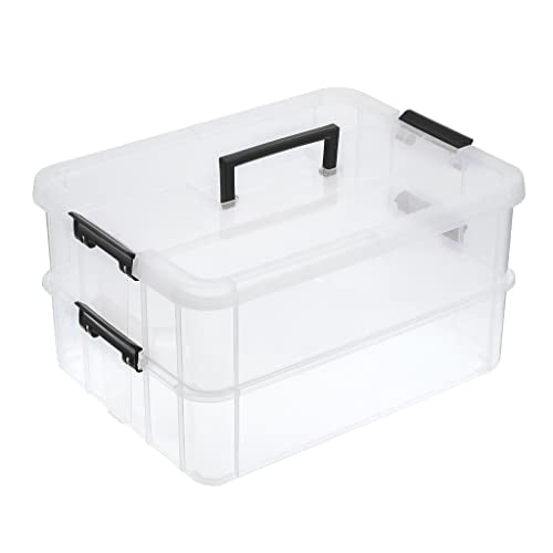 BTSKY 2 Layer Stack & Carry Box, Plastic Multipurpose Portable Storage Container Box Handled Organizer Storage Box for Organizing Stationery, Sewing, Art Craft, Jewelry and Beauty Supplies Black | Multipurpose Craft Organizers and Storage for Organizing S