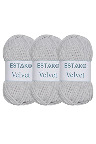 Estako Velvet Yarn for Crocheting, Chenille, 3 Pack, Light Grey | super bulky, ultra soft, plush, cozy, thick, fluffy, polyester, 300 g, 396 yds, amigurumi, baby blankets - color: 1120 - Light Grey, size: Pack of Three