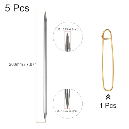 uxcell 5Pcs US 10.25(6.5mm) Double Pointed Knitting Needle 7.87 Inches Length Stainless Steel Sweater Stitching Needles with Stitch Holder for Handmade Projects DIY Knitting - size: 6.5mm