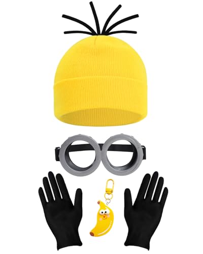 Cartoon Character Costume Accessory Kit Adult Men Women Halloween Costumes | Funny Easy Halloween Costumes Accessories Beanie Hat Goggles Gloves Banana Keychain for Birthday Themed Party Dress Up Set - color: Yellow - 4pcs