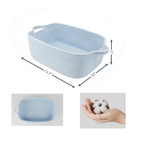 XUANGUO Medium Woven Cotton Rope Storage Basket with Handles, Blue | Small decorative rectangle storage bin for baby nursery items and cat toys; ideal as an empty gift basket or dog toy basket - color: blue