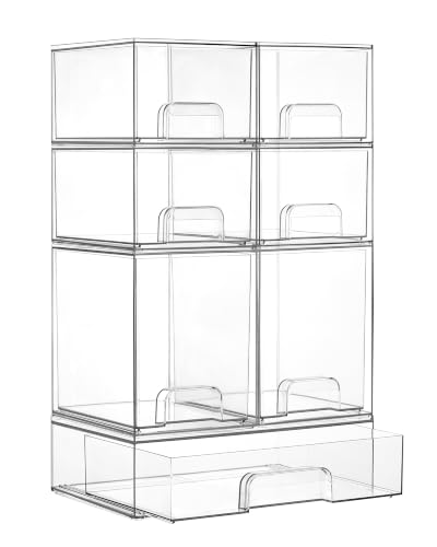 Vtopmart Clear Stackable Storage Drawers Set of 7, Plastic Organizer Bins | Multi-purpose Boxes for Baby Bottle Storage, Ideal for Kichen, Vanity, Bathroom, Undersink, Cabinet, Pantry Organization - style: 4 Small+2 High+1 Wide