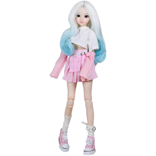 1/3 BJD Doll, 22 Movable Joints Full Set Doll with Long Curly White-Blue Gradient Hair, Pink Outfit & Shoes, Collectible Fashion Ball Jointed Doll for Girls Gift