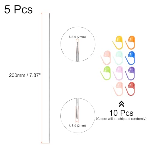 uxcell 5Pcs US 0(2mm) Double Pointed Knitting Needle 7.87 Inches Length Stainless Steel Sweater Stitching Needles with 10 Stitch Marker for Handmade Projects DIY Knitting - size: 2mm