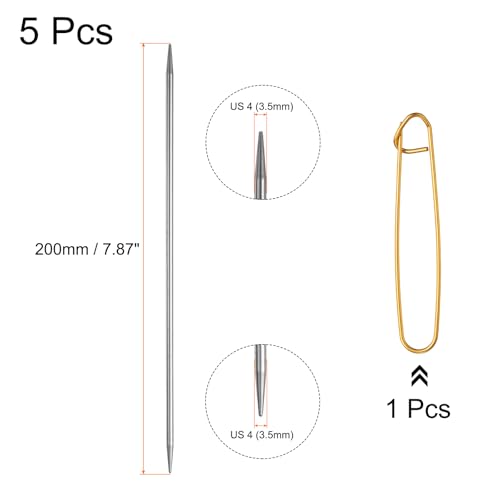 uxcell 5Pcs US 4(3.5mm) Double Pointed Knitting Needle 7.87 Inches Length Stainless Steel Sweater Stitching Needles with Stitch Holder for Handmade Projects DIY Knitting - size: 3.5mm