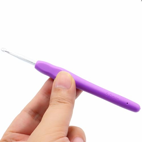 6Pcs 5mm Aluminum Soft Grip Rubber Ergonomic Handle Crochet Hook Knitting Needles US Size H (Size 8) for DIY Yarn Craft,Nice Gift for Women Adults Kids Children Beginners (Purple) - size: 5mm