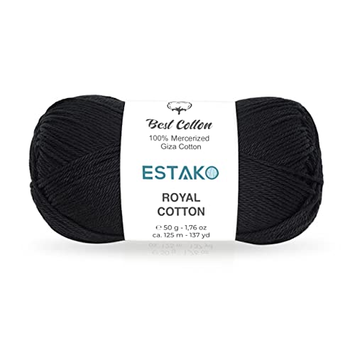 Estako Royal Cotton, 100% Mercerized Giza Cotton Yarn, Fingering 1, Black | soft, silky sheen, super fine, sock weight, 50 g, 137 yds, baby clothes, summer tops, amigurumi - color: 5057 - Black, size: 1 Skein