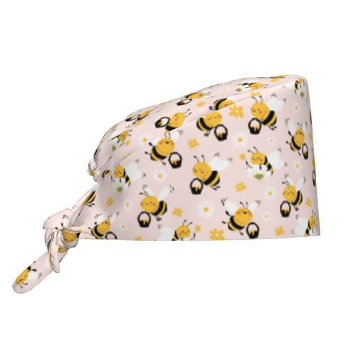 MOLIAN Dental Tooth Adjustable Working Cap Surgical Headgear for Women Men | Adjustable Tie Back Scrub Caps with Button Built-in Sweatband Working Cap for Nurses Doctors and Workers - color: Honeybees and Daisies