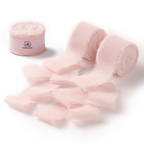 DORIS HOME Handmade Frayed Fringe Chiffon Ribbon 1" x 21Yd Pink | Fabric Ribbon, For Flower Bouquet/Gift Wrapping/Wedding Invitations/Party Decorations - color: Pink