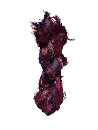 Maker's Craft Recycled Fuzzy Fringes Sari Silk Ribbon Yarn 35yards, 100Grams for DIY Knitting Crocheting Gift Wrapping, Christmas Decoration, Macrame Makers, Jewelry Making, Rugs Hooking (Maroon) - color: Maroon