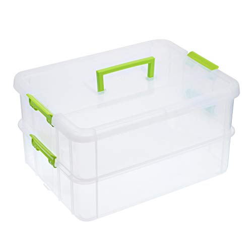 BTSKY 2 Layer Stack & Carry Box, Plastic Multipurpose Portable Storage Container Box Handled Organizer Storage Box for Organizing Stationery, Sewing, Art Craft, Jewelry and Beauty Supplies Green | Multipurpose Craft Organizers and Storage for Organizing S