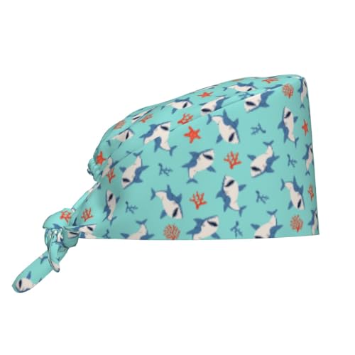 MOLIAN Dental Tooth Adjustable Working Cap Surgical Headgear for Women Men | Adjustable Tie Back Scrub Caps with Button Built-in Sweatband Working Cap for Nurses Doctors and Workers - color: Big Fish and Coral