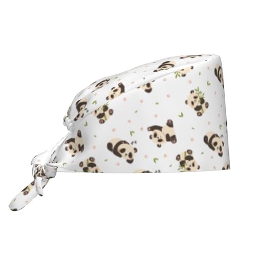 MOLIAN Dental Tooth Adjustable Working Cap Surgical Headgear for Women Men | Adjustable Tie Back Scrub Caps with Button Built-in Sweatband Working Cap for Nurses Doctors and Workers - color: Pandas Eating Bamboo
