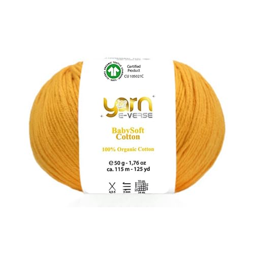 Babysoft Cotton Yarn, Yarn E-verse, 100% Organic Cotton, Soft & Hypoallergenic, Ideal for Baby Knitting, Crocheting, Amigurumi & DIY Projects, Organic Textile Certified, 50g (1, 147 Mustard Yellow) - color: 147 Mustard Yellow